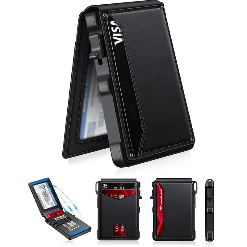 Minimalist Men’s Slim Wallet: 9 - 13 Cards, Money Clip, ID Window. RFID - Blocking, Aluminum Bifold Pop - Up SpringStatements