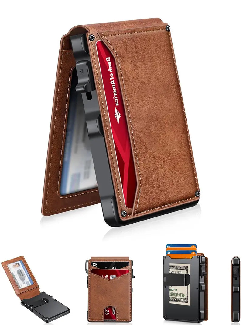 Minimalist Men’s Slim Wallet: 9 - 13 Cards, Money Clip, ID Window. RFID - Blocking, Aluminum Bifold Pop - Up SpringStatements