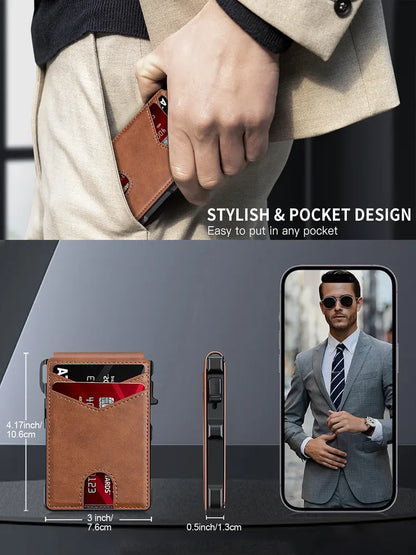 Minimalist Men’s Slim Wallet: 9 - 13 Cards, Money Clip, ID Window. RFID - Blocking, Aluminum Bifold Pop - Up SpringStatements