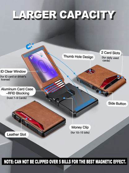 Minimalist Men’s Slim Wallet: 9 - 13 Cards, Money Clip, ID Window. RFID - Blocking, Aluminum Bifold Pop - Up SpringStatements